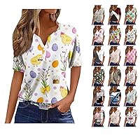 Easter Shirts for Women,Short Sleeve Shirts for Women Easter Eggs Print Henley Neck Buttons Tops Cute Tops for Women