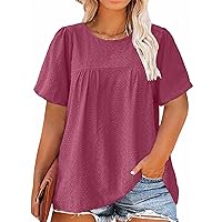 HDLTE Womens Plus Size Tops Puff Short Sleeve Crewneck Shirts Summer Casual Eyelet Flowy Tee Shirt Blouse 1x-4x
