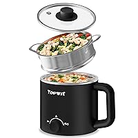 Topwit Hot Pot Electric with Steamer, 1.6L Ramen Cooker, Electric Pot for Pasta, Shabu-Shabu, Oatmeal, Soup and Egg, Electric Cooker with Dual Power Control, Dorm Room Essentials, Black
