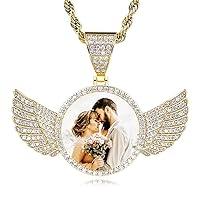 INBLUE Personalised Hip-Hop Memory Photo Necklace Pendant Text Engraved for Men Women Copper Angel Wings Round & Heart Medal Tennis Rope Chain Jewellery Gift, Metal, Cubic Zirconia