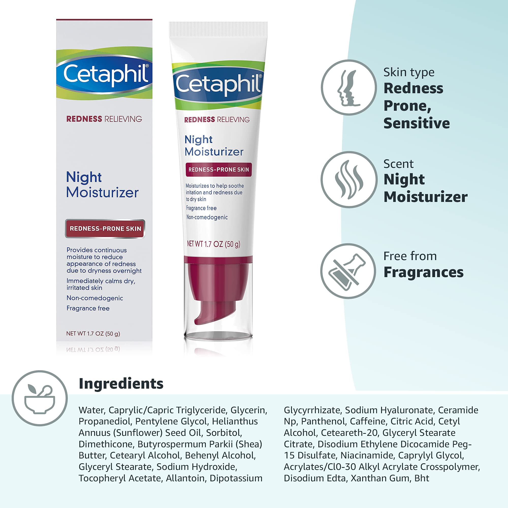 CETAPHIL Night Cream, Redness Relieving Night Moisturizer for Face, 1.7 fl oz, For Dry, Redness-Prone Skin, Hypoallergenic, Fragrance Free