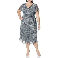 S.L. Fashions Women's Plus Size Tea Length Ruched Waist Boudre Tier Dress