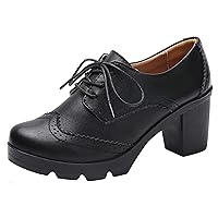 WUIWUIYU Women's Soft Leather Classic Lace Up Platform Chunky Mid-Heel Costume Casual Oxfords Dress Pump Shoes