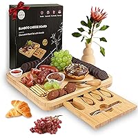 VaeFae Cheese Board and Knife Set, Bamboo Charcuterie Board with Magnetic Slide-Out Drawer and 2 Ceramic Bowls