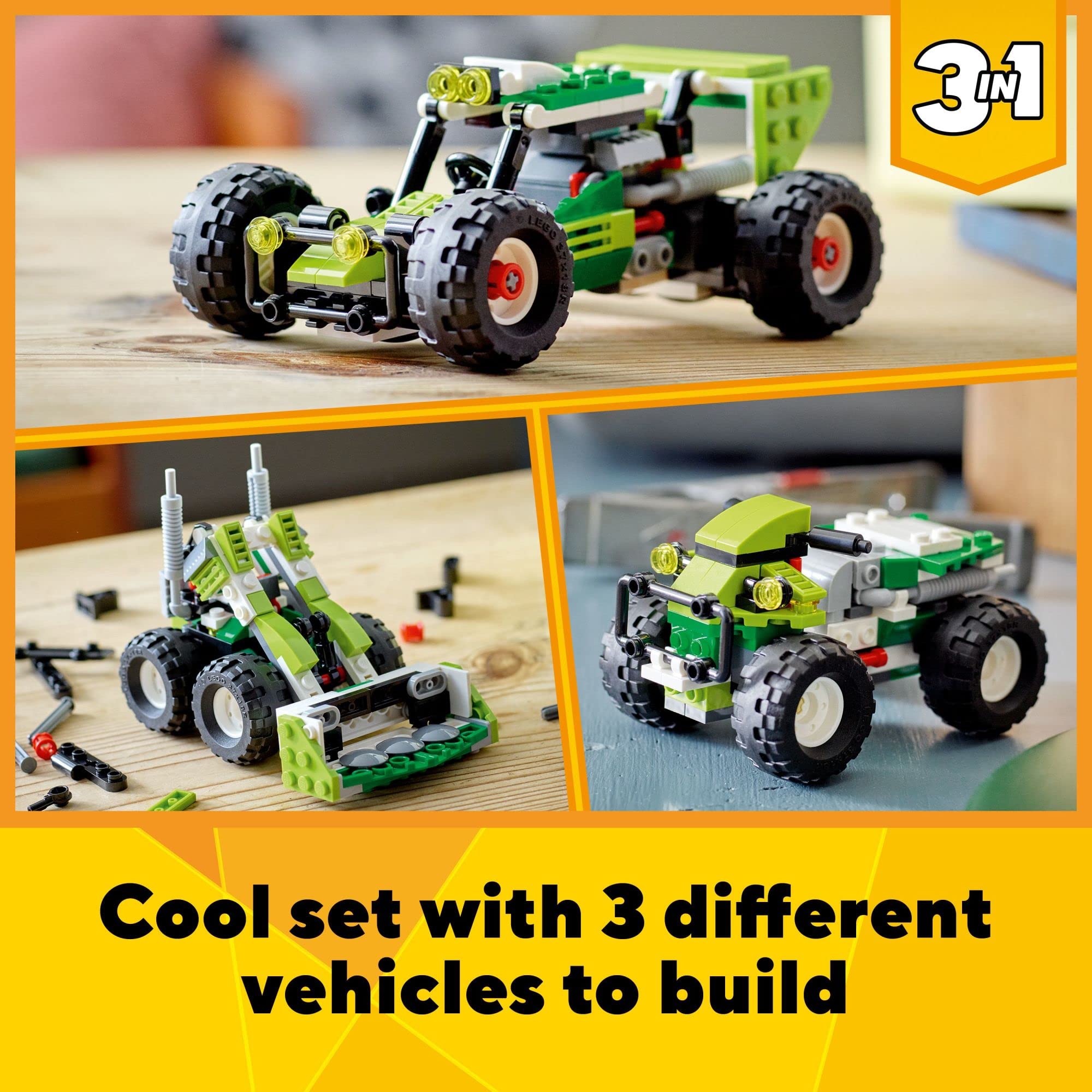 LEGO Creator 3in1 Off-Road Buggy to Skid Loader Digger to ATV Car Toy 31123, 3 Vehicle Construction Set for Kids 7 Plus Years Old