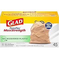 Glad Trash Bags, ForceFlex MaxStrength Tall Kitchen Drawstring Garbage Bags, 13 Gallon, 50% Recovered Plastic*, 45 Count