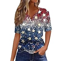 Independence Day Vacation Trendy Tunic Woman Short Sleeve Long Polyester Button Down Blouse Women Printed Blue 3XL