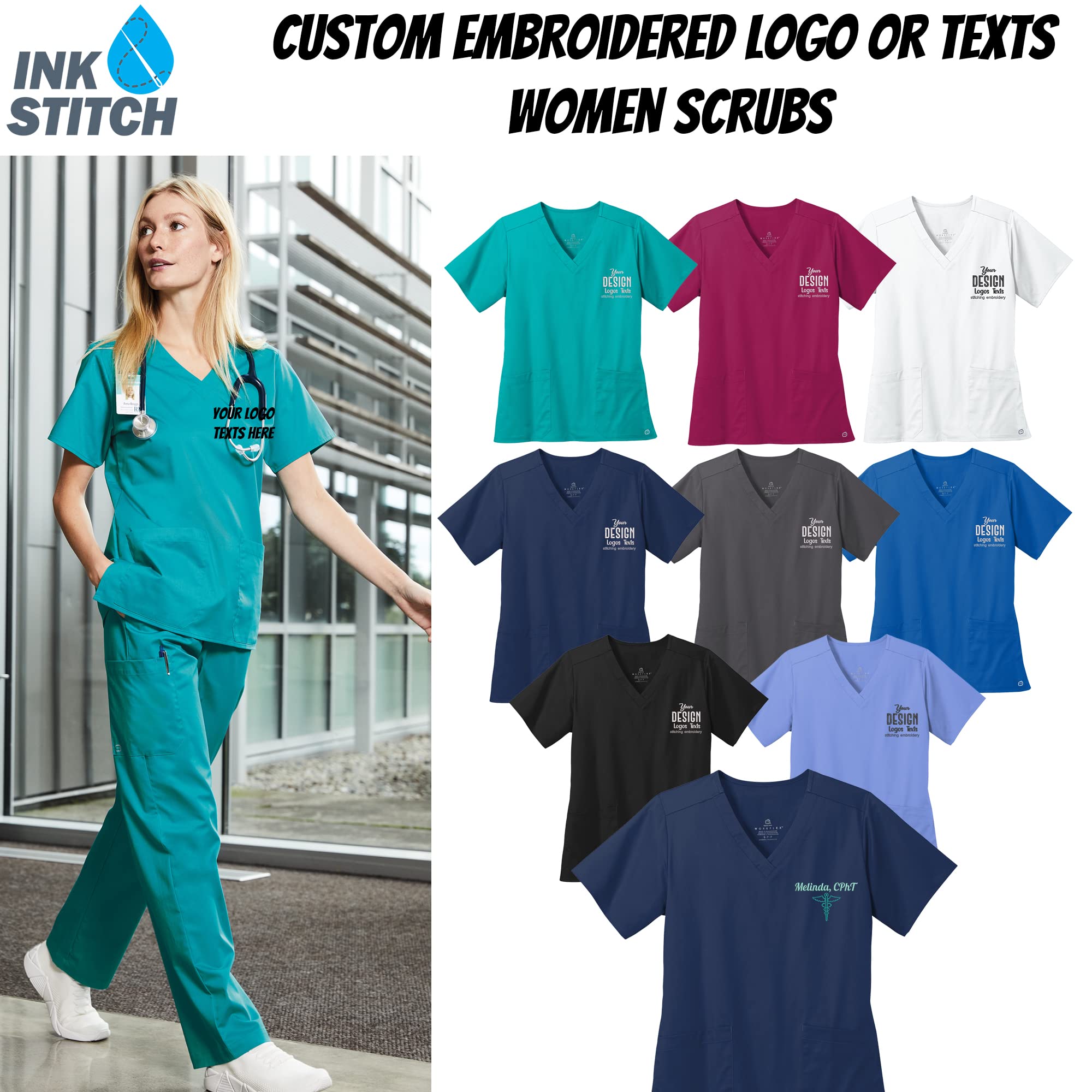 INK STITCH Women Custom WW4560 Women Custom Embroidered Logo Texts V Neck Scrub Shirts - Multicolors