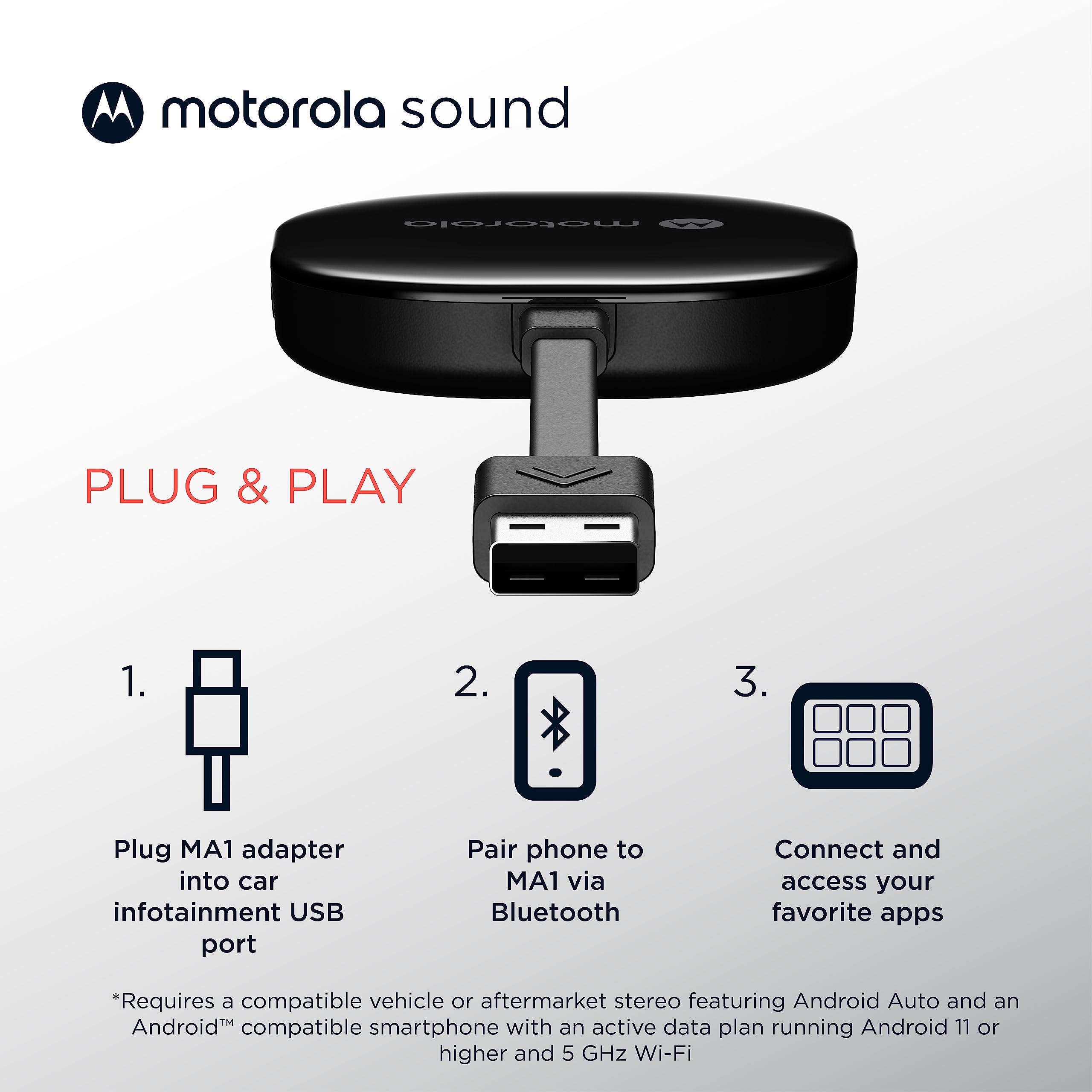 Motorola MA1 Wireless Android Auto Car Adapter - Instant Connection from Smartphone to Car Screen with Easy Setup - Direct Plug-in USB Adapter - Secure Gel Pad Included