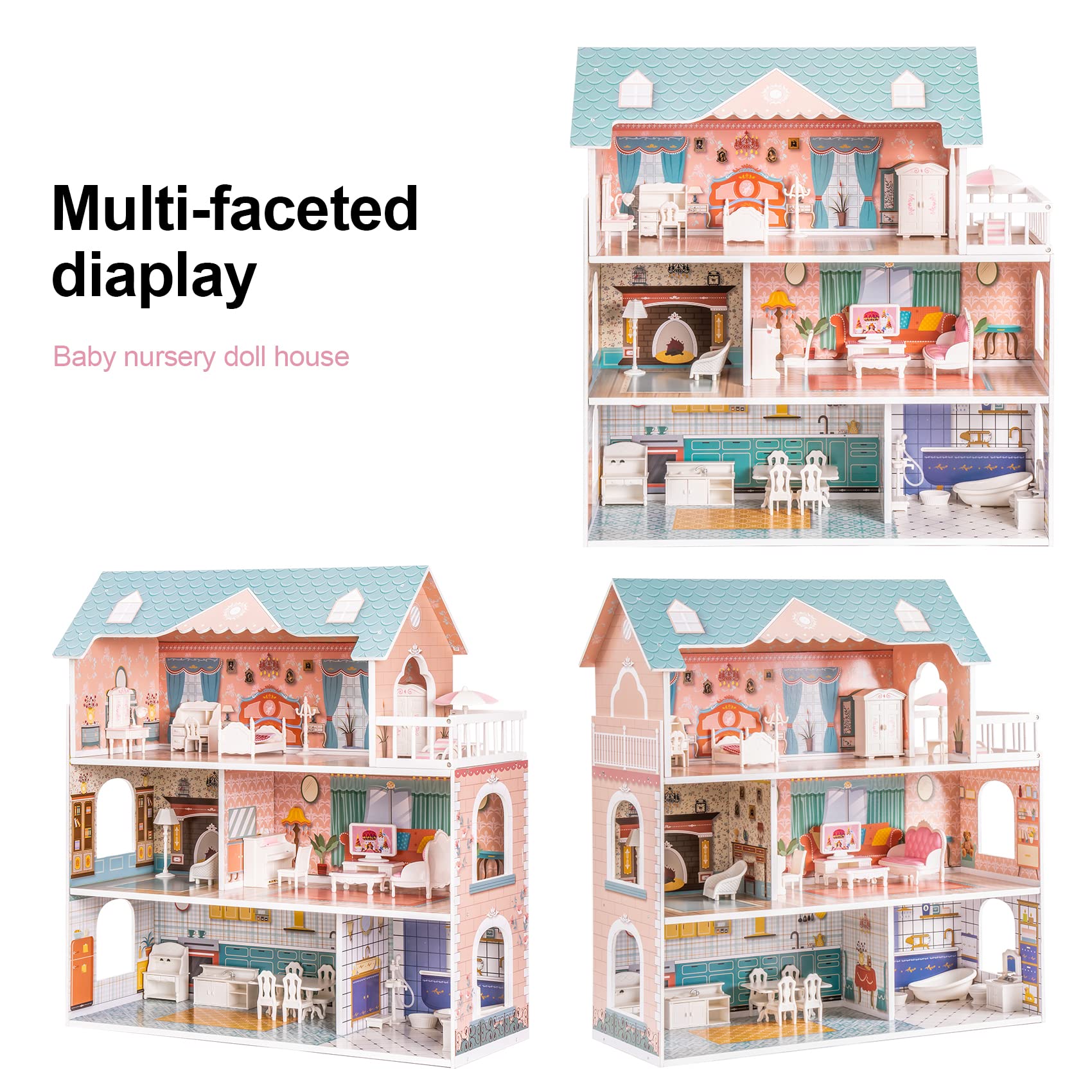 ROBUD Wooden Dollhouse for Kids Girls, Toy Gift for 3 4 5 6 Years Old, with Furniture