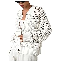 QWINEE Women's Casual Hollow Out Long Sleeve Collar Neck Sweater Button Front Drop Shoulder Loose Fit Cardigan