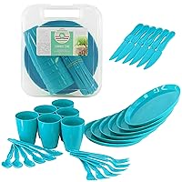 31 Piece Camping Picnic Plastic Utensils BBQ Set with Knives Forks Spoons Cups & Plates, Reusable (Blue)
