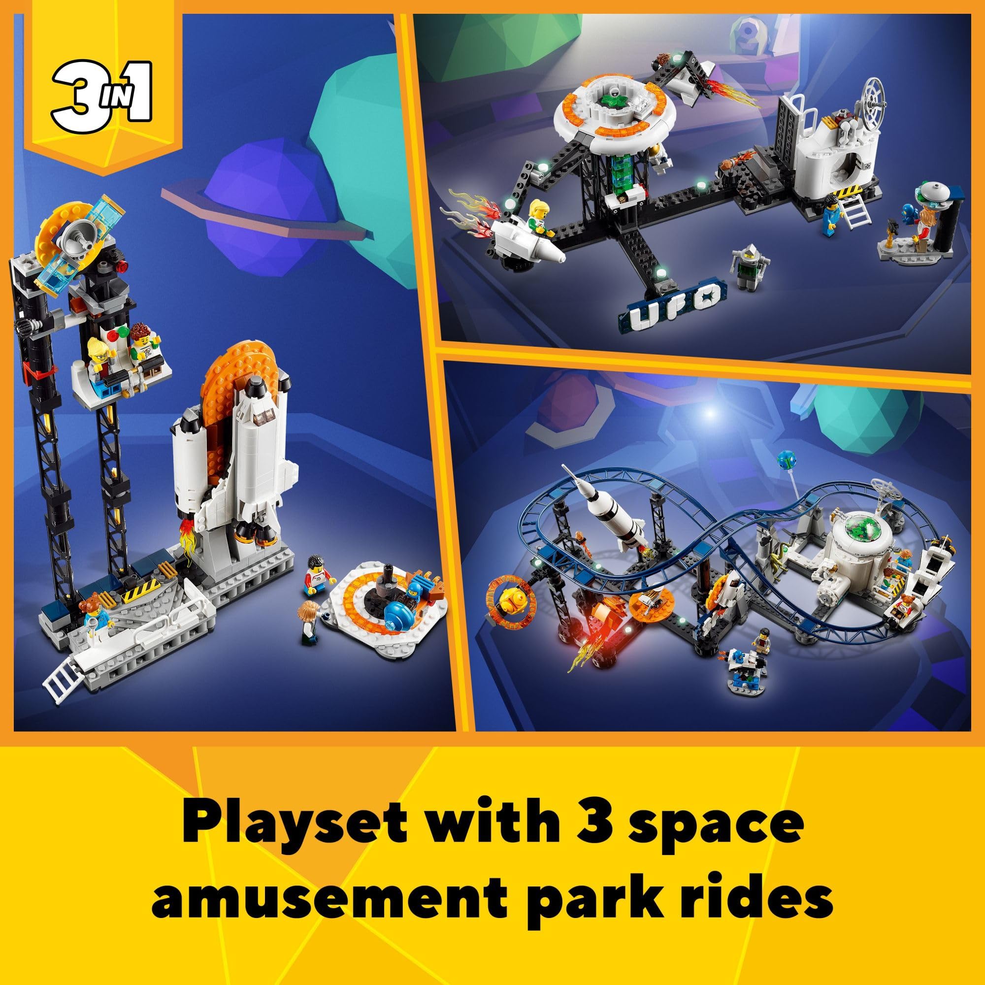 LEGO Creator Space Roller Coaster 31142 3 in 1 Building Toy Set Featuring a Roller Coaster, Drop Tower, Carousel and 5 Minifigures, Rebuildable Amusement Park for Kids Ages 9+