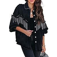 Daacee Casual Frayed Tassel Black Denim Jacket for Women Fashion Fringe Rhinestone Cowgirl Jean Coats