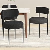 Forevich Round Boucle Dining Chairs Set of 2, Mid-Century Modern Upholstered Dining Room Chairs, Teddy Velvet Dining Chair with Black Metal Legs for Kitchen Living Room Black