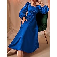 Summer Dresses for Women 2022 Square Neck Lantern Sleeve Lace Up Front Dress (Color : Royal Blue, Size : Medium)