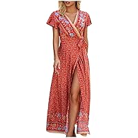 Women's Flowy Foral Print Hawai Dress Swing Short Sleeve Long Beach V-Neck Glamorous Casual Loose-Fitting Summer Red