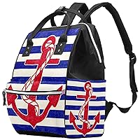 Red Anchor on White and Blue Sailor Stripes Diaper Bag Travel Mom Bags Nappy Backpack Large Capacity for Baby Care