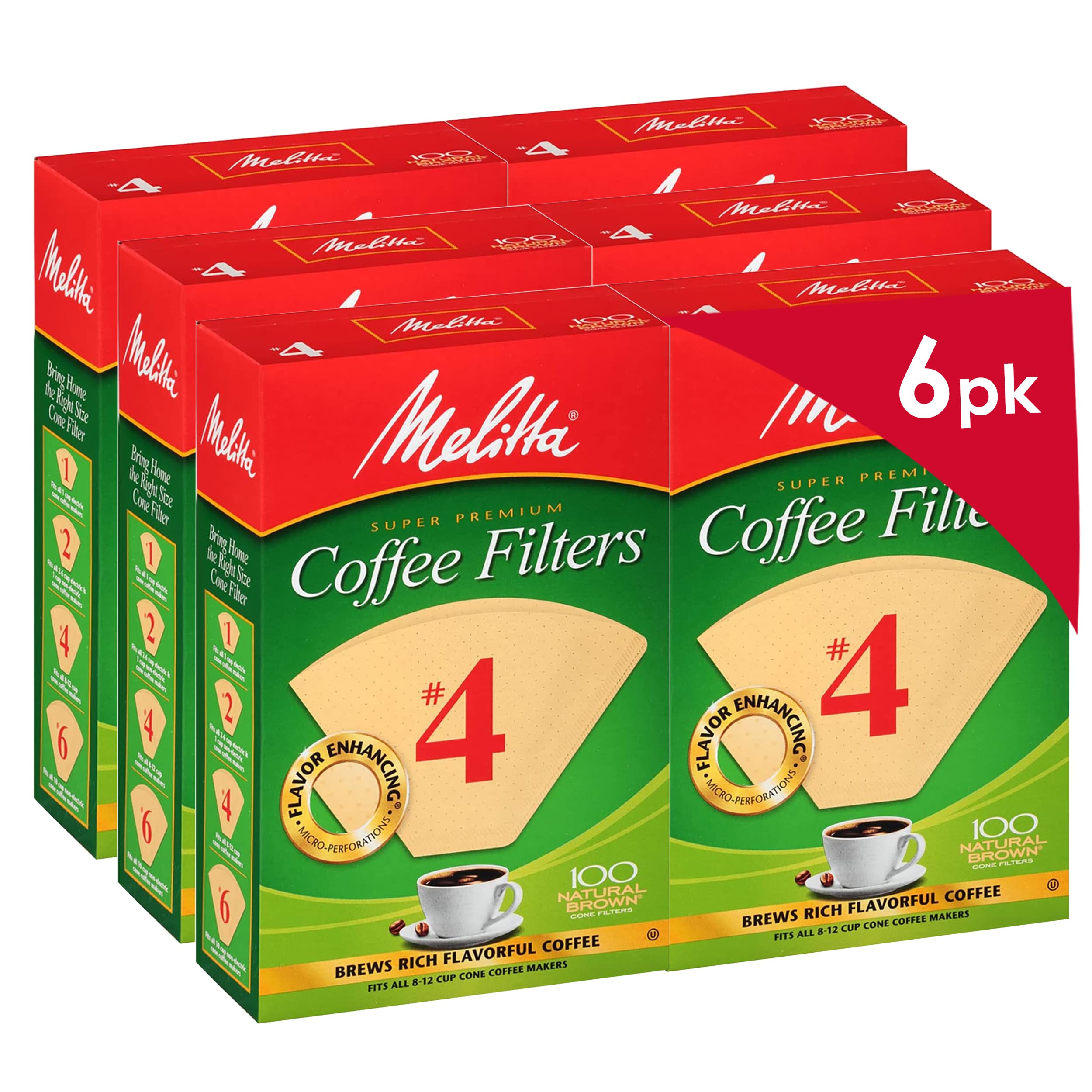 Melitta #4 Cone Coffee Filters, Natural Brown, 100 Count (Pack of 6) 600 Total Filters