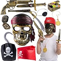 JOYIN 10 Piece Halloween Pirate Costume Accessories, Pirate Cosplay Role Play Set Decoration for Kids(Hook, Eye Patch, Treasure Box, Necklace, Sword, Compass, Dagger, Mask, Flintlock Pistol)