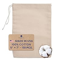 Muslin Bags 50pcs 5x7, 100% Cotton Drawstring Bags for Party Favors and Spice Bags - Made in USA (Natural Hem & Drawstring)