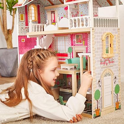 TOP BRIGHT Wooden Dollhouse with Elevator Dream Doll House for Little Girls 5 Year Olds