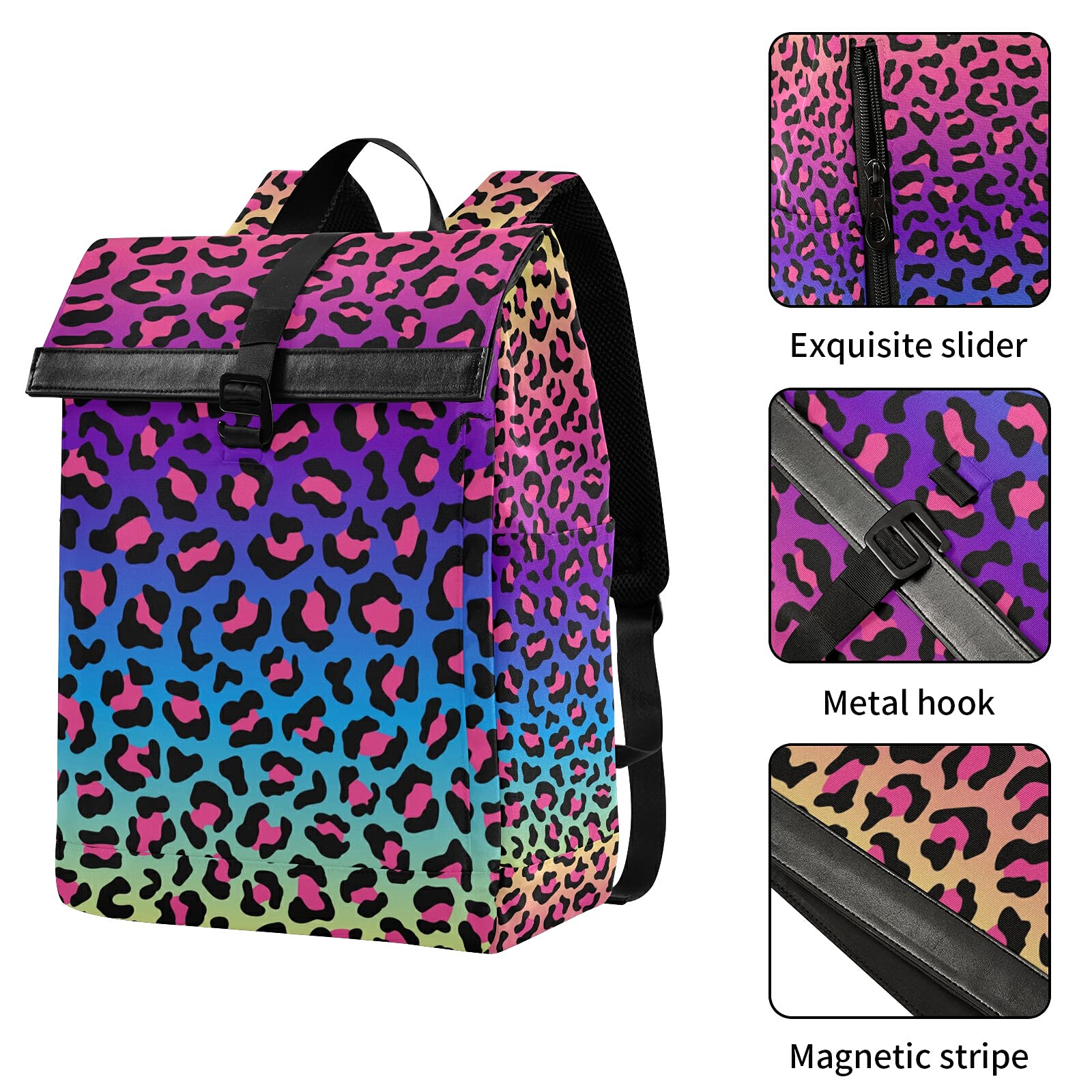 ALAZA Neon Rainbow Leopard Cheetah Large Laptop Backpack Purse for Women Men Waterproof Anti Theft Roll Top Backpack, 13 - 17.3 inch, Multi, One Size