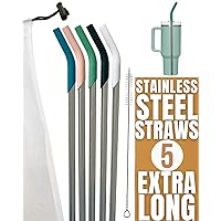 purifyou 14.5 inch Stainless Steel Straws With Platinum Silicone Tips, For Stanley and other 40 oz Tumbler, Extra Long & Wide Set of 5 Reusable Drinking Metal Straw with Portable Case & Cleaning Brush