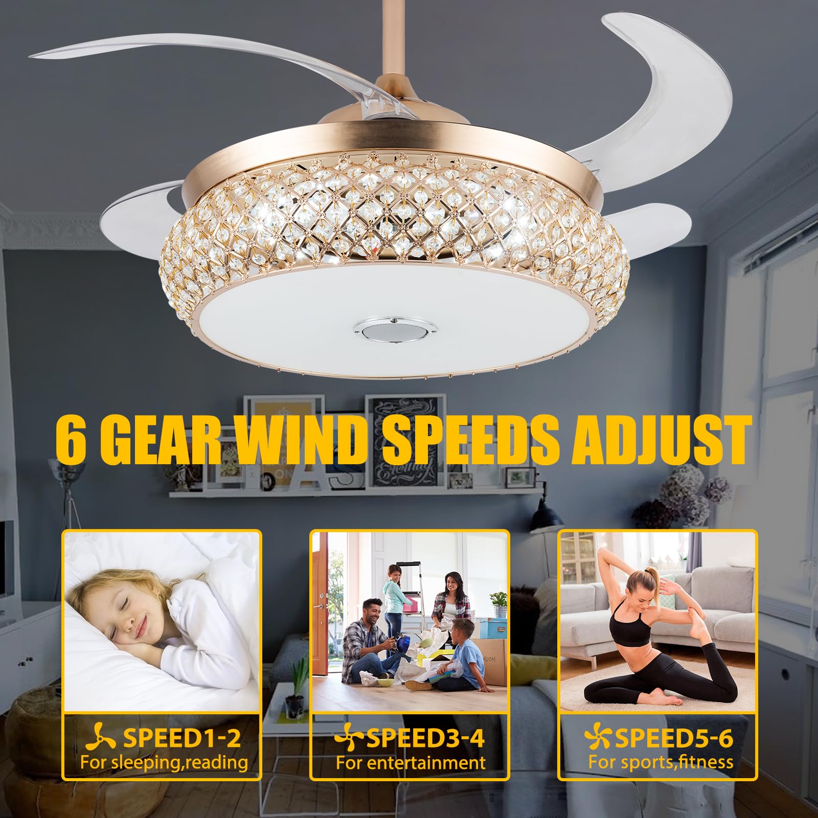 42 Inch Retractable Invisible Ceiling Fan with Light and Bluetooth Speaker, Modern Bluetooth Fan Chandelier with Remote Control 3 Color Change 36W LED