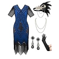 SWEETV Women's Flapper Dresses 1920s Fringed Sequin Great Gatsby Dress with 20s Accessories -Roaring 20s Costumes