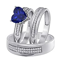His and Hers Matching Wedding Band Ring Set 14K White Gold Plated Alloy 6 MM Heat Cut CZ Blue-Sapphire Engagement Trio Bridal Set