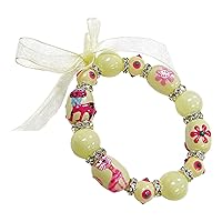Linpeng Kitty Cat & Flowers Hand Painted Stretch Beaded Bracelet, Cream,Pink