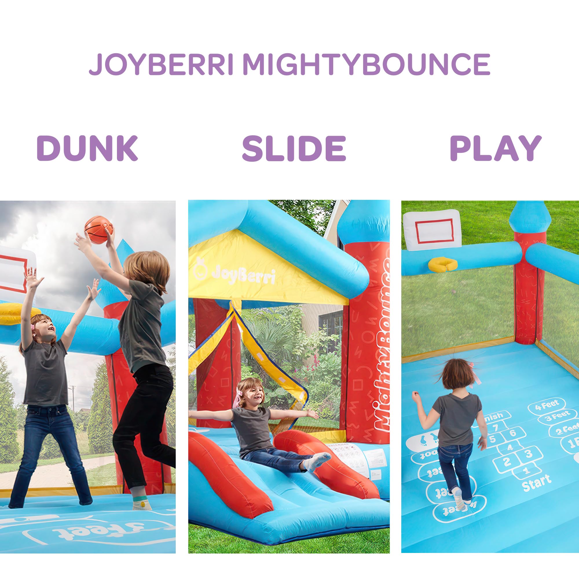 JoyBerri Bouncy House - 16.8' x8.9' Ft Extra Large, Inflatable Bounce House for Kids and Adults - with Air Blower, Volleyball Net, Basketball Hoop and Slide - ASTM Certified