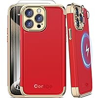 COOLQO Magnetic for iPhone 15 Pro Case 2X[Tempered Glass Screen Protector+Camera Lens Protectors] Mil-Grade Shockproof Protective Phone Case for iPhone 15 Pro, Red Gold
