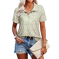 MCKOL Women's Loose Fit Short Sleeve Zipper Tops and Blouses Casual Collared Tunic Shirt