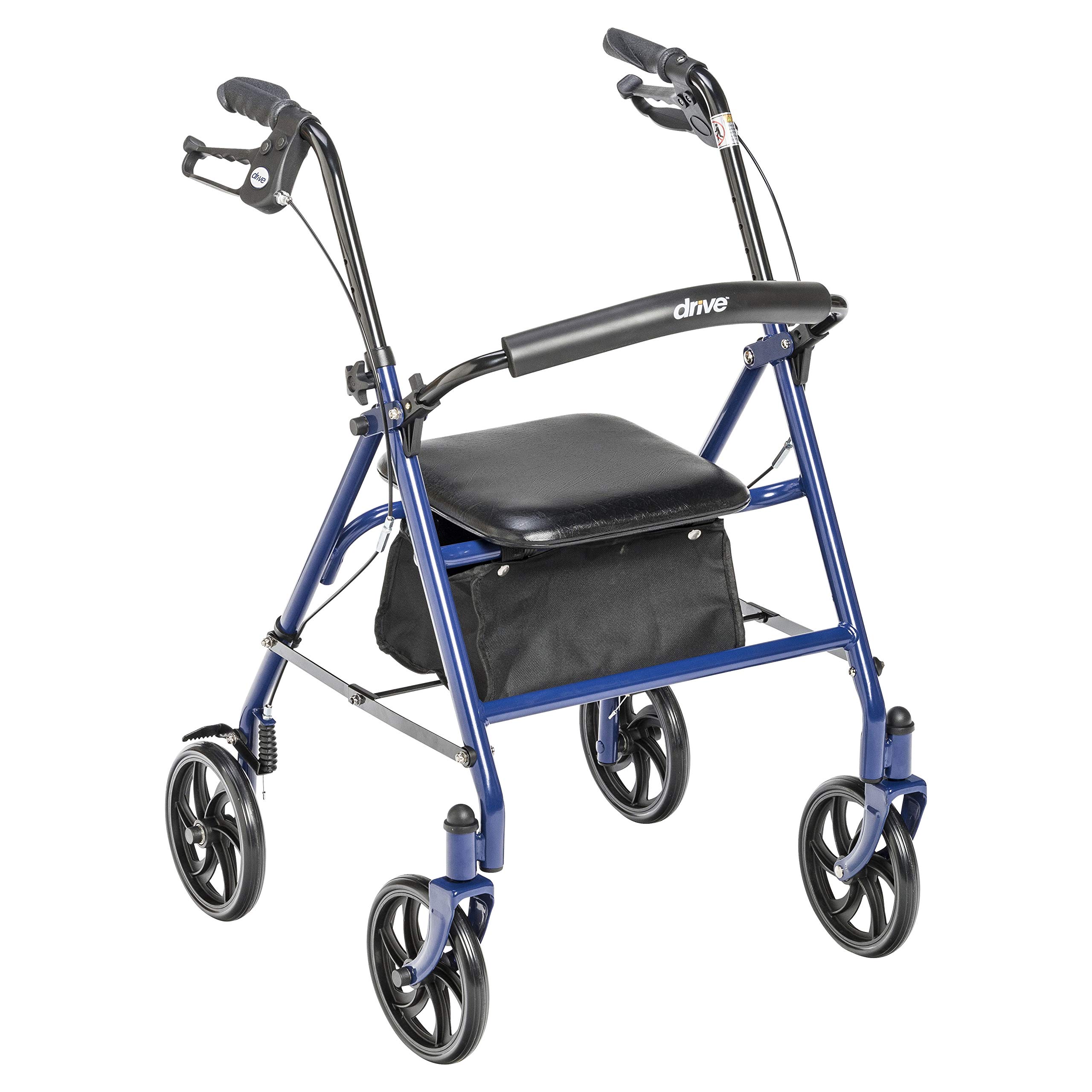 Drive Medical 10257BL-1 4 Wheel Rollator Walker With Seat, Steel Rolling Walker, Height Adjustable, 7.5