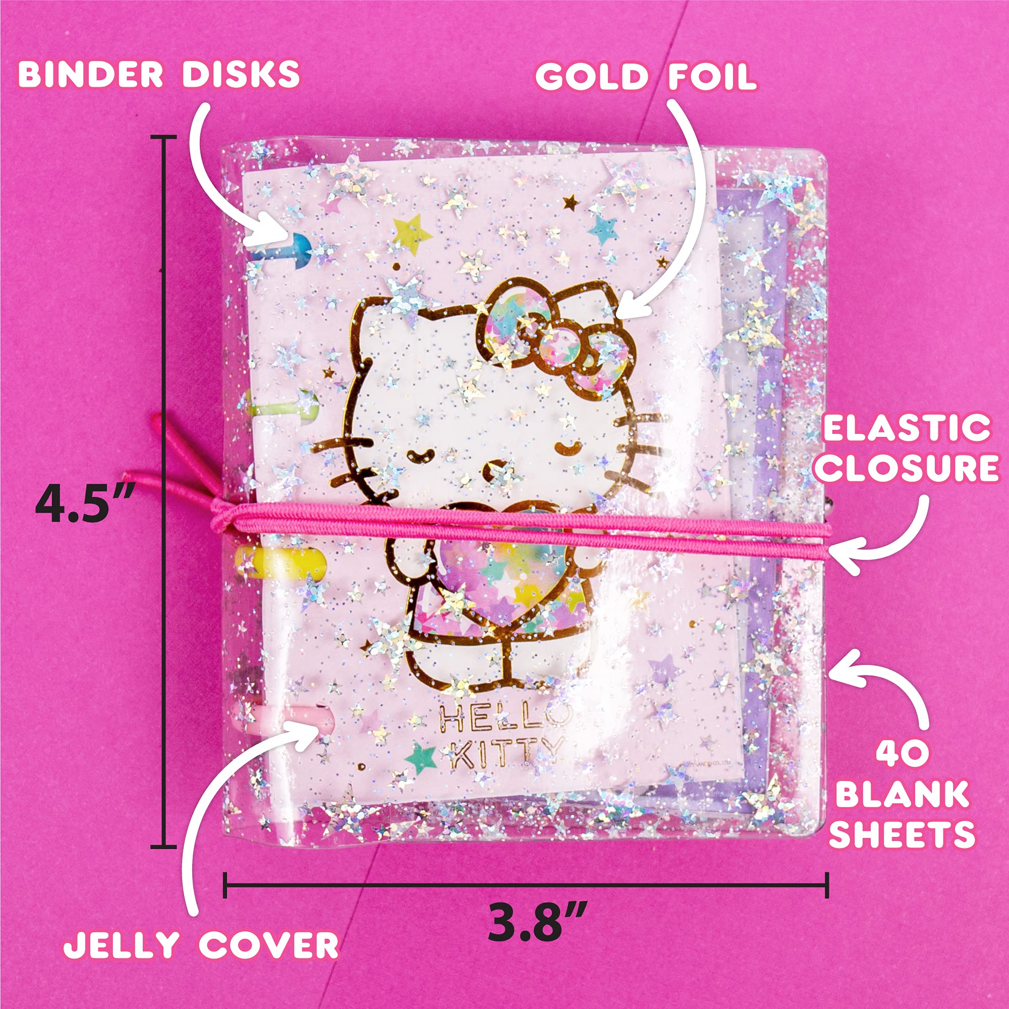 Hello Kitty DIY Glitter Micro Journal by Horizon Group USA, 40+ Stationery Accessories Including Hello Kitty Stickers, Surprise Keychain, Interchangeable Binder Discs, Squishy Glitter Cover & More