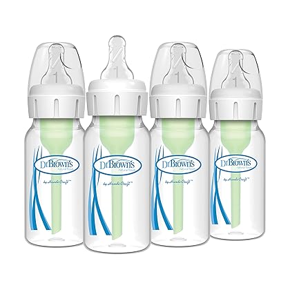 Dr. Brown’s Natural Flow® Anti-Colic Options+™ Narrow Baby Bottles 4 oz/120 mL, with Level 1 Slow Flow Nipple, 4 Count (Pack of 1), 0m+