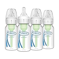 Natural Flow Anti-Colic Options+ Narrow Baby Bottles 4 oz/120 mL (Pack of 4), with Level 1 Slow Flow Nipple, 0m+