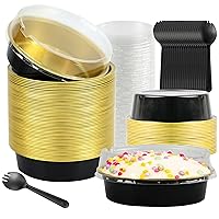 Mini Cake Tins With Lids, 50PCS 7.2OZ Disposable Baking Pans Individual Mini Cake Pans With Lids Mini Aluminum Pans with Lids Cheesecake Containers Gifts for Wife Wedding Party,Black Gold