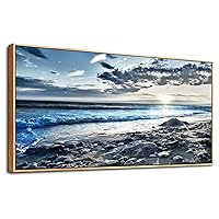 Wood Framed Wall Art For Living Room Large Size Wall Decor For Office Modern Bedroom Wall Decor Blue Beach Sun Ocean Landscape Wall Paintings Seascape Framed Pictures Artwork Home Decor 30