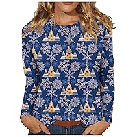 Fall Shirts Women, Casual Christmas Printing Button Neck Long Sleeved Pullover Top Blouse Sweatshirt Ugly for Women Tops Sleeve Shirts Led Loghts Sweater Outfits Blouses (3XL, Dark Blue)