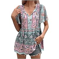 Womens Ethnic Henley Tunic Tops with Drawstring Ruffle Short Sleeve Boho Babydoll Blouses Summer Casual Loose Retro Shirts