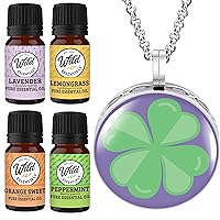 Wild Essentials Four Leaf Clover Necklace Essential Oil Diffuser Kit, Lavender, Lemongrass, Peppermint, Orange Oils, 8 Refill Pads, Calming Aromatherapy Gift Set, Customizable, Perfume, Luck