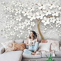 3D Gold Tree Floral, White 3D Floral Wall Mural, Wall Art Floral Mural, Living Room Bedroom Design, Peel and Stick Bedroom Wallpaper Custom Size (3D Gold & White Tree Floral)