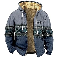 Fleece Jacket Men Winter Sherpa Lined Hoodie Zip Up Sweatshirt Warm Jacket with Print Trendy Casual Cardigan Jacket