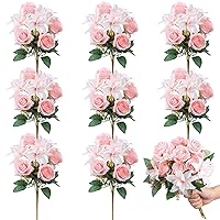 8 Bundles Artificial Peony Flowers Faux Flowers Satin Silk Rose Lilies Bouquet Vintage Wedding Home Table Door Decor Reusable Bouquet of Rose Flowers for Wedding Birthday Home(Pink)