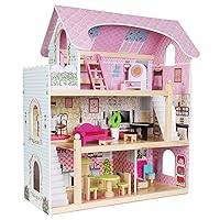 boppi Large Wooden 3 Storey Dolls Town House with 16 Furniture Play Accessories