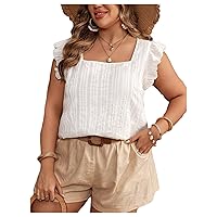Women's Plus Size Textured Blouse Ruffle Trim Cap Sleeve Square Neck Summer Shirt Tops
