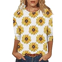 Fashion Womens Tops Trendy 3/4 Length Sleeve Crew-Neck T Shirts Flower Printing Loose Casual Blouses